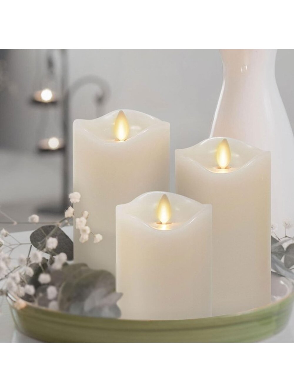 Flameless Moving Flame Pillars - Unscented Wax, Melted Edge, Battery Operated
